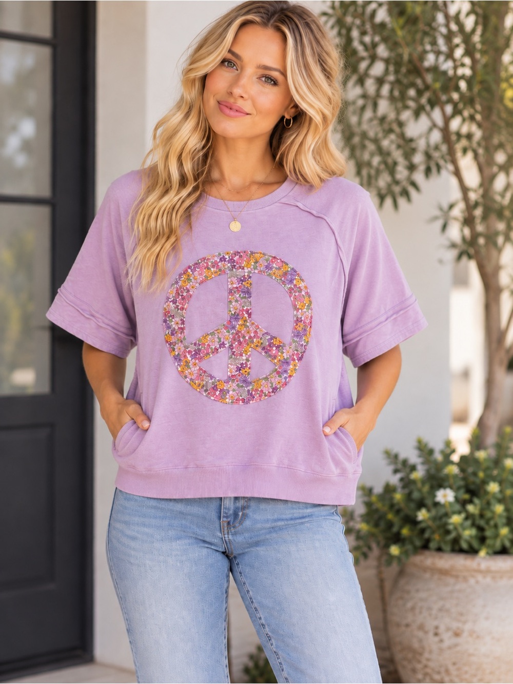 Blue Velvet Lilac Floral Peace Sign Short Sleeve Sweatshirt Oversized Small